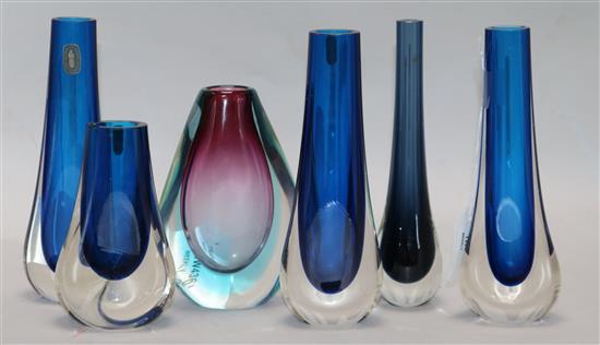 Six cased glass teardrop vases, three with Whitefriars labels Largest 20cm.